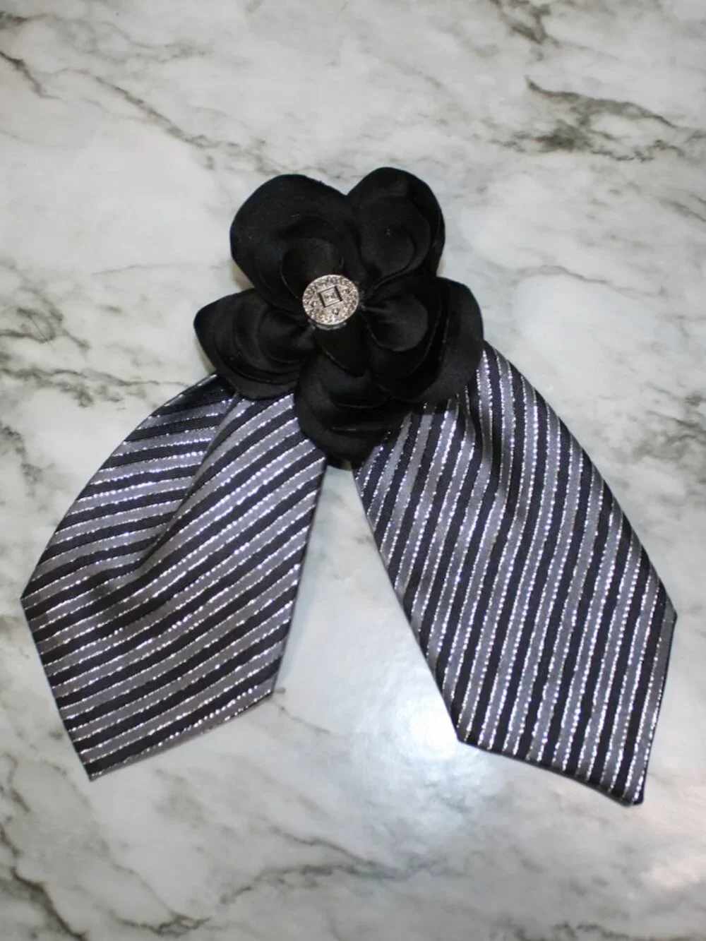 HAND CRAFTED Hair Scrunchy Bow Black Silver Metallic Stripe Upcycled Men's Tie